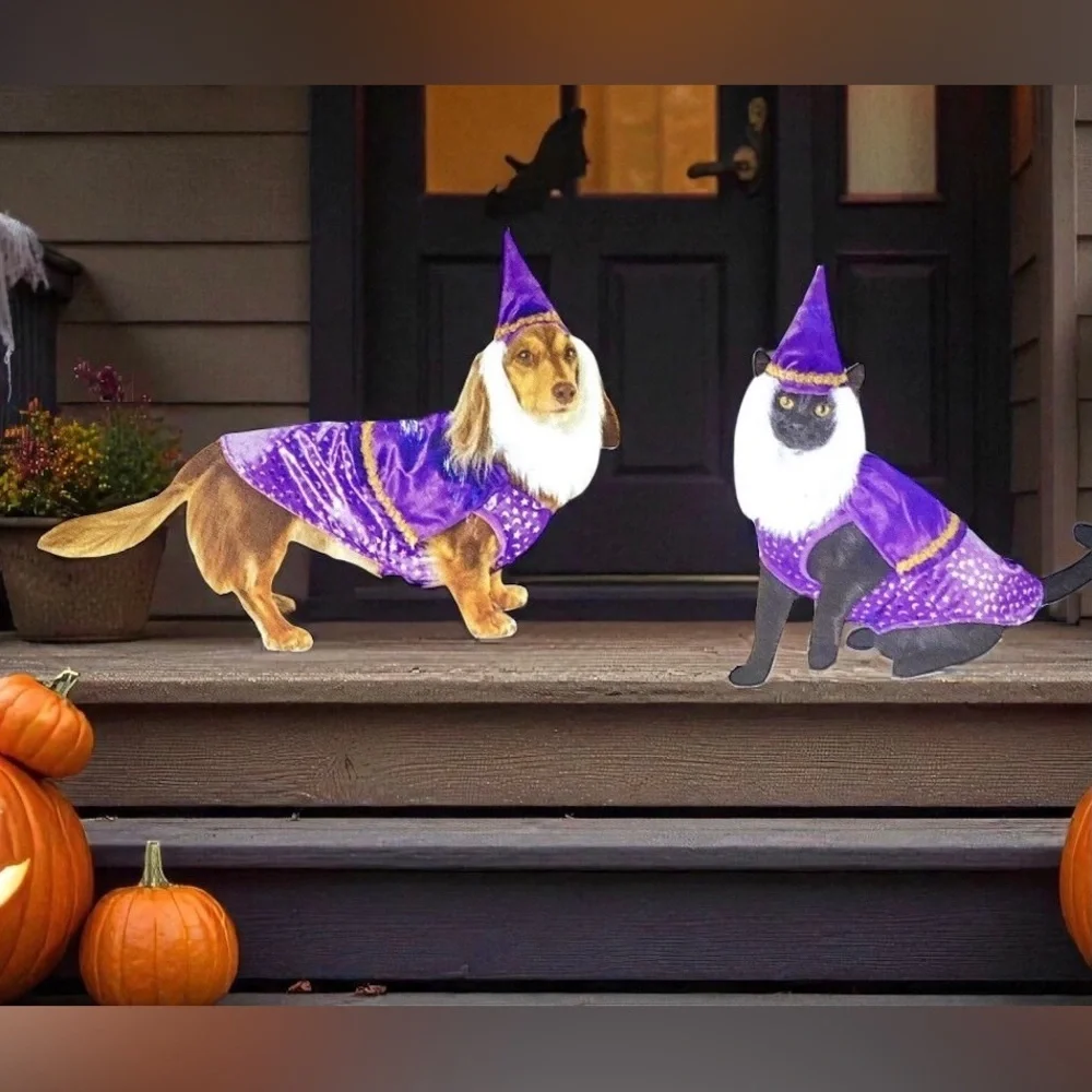 2pc Dog Wizard Costume Purple Velvet Hat Beard Size M Halloween